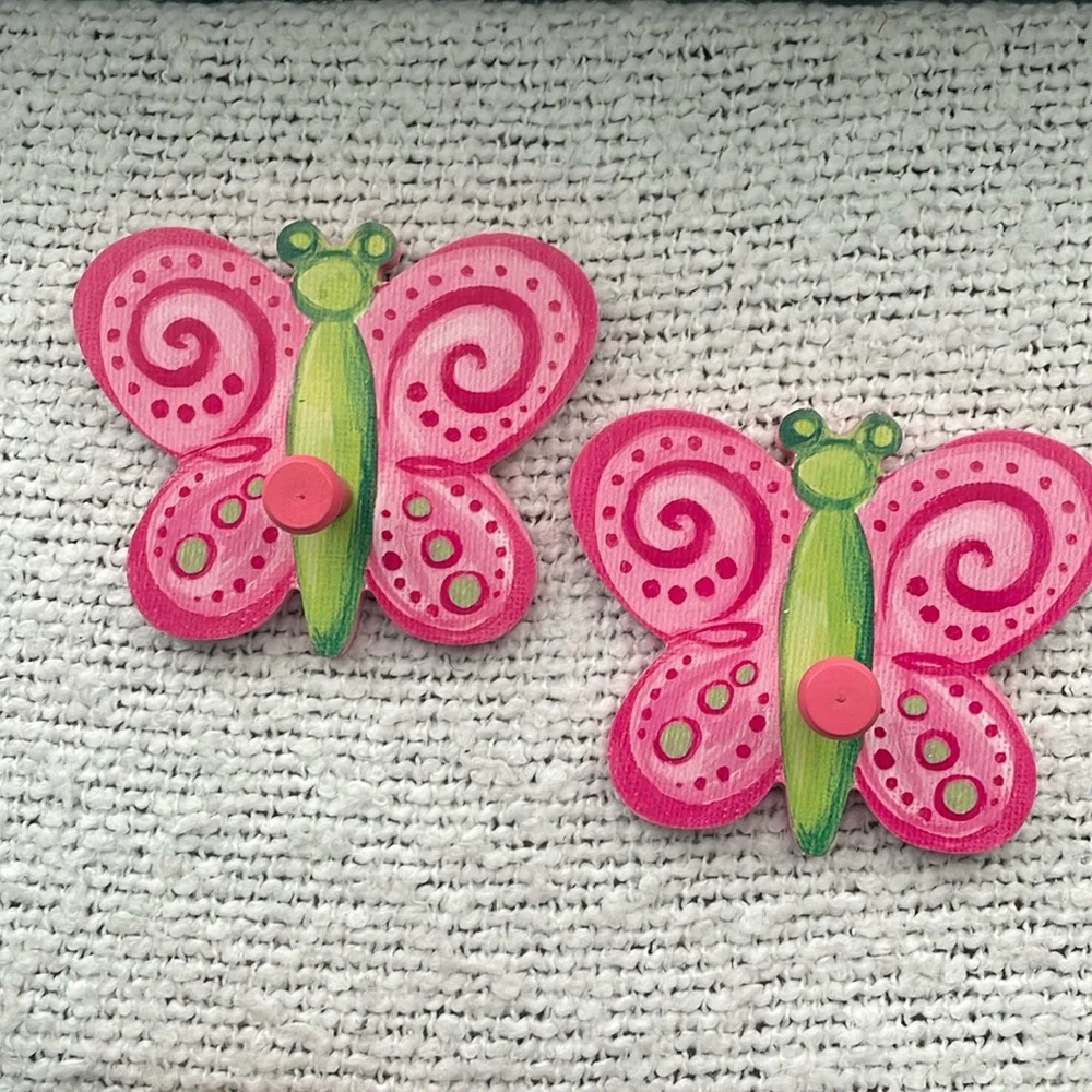 Pair decorative wall hooks - pink butterflies